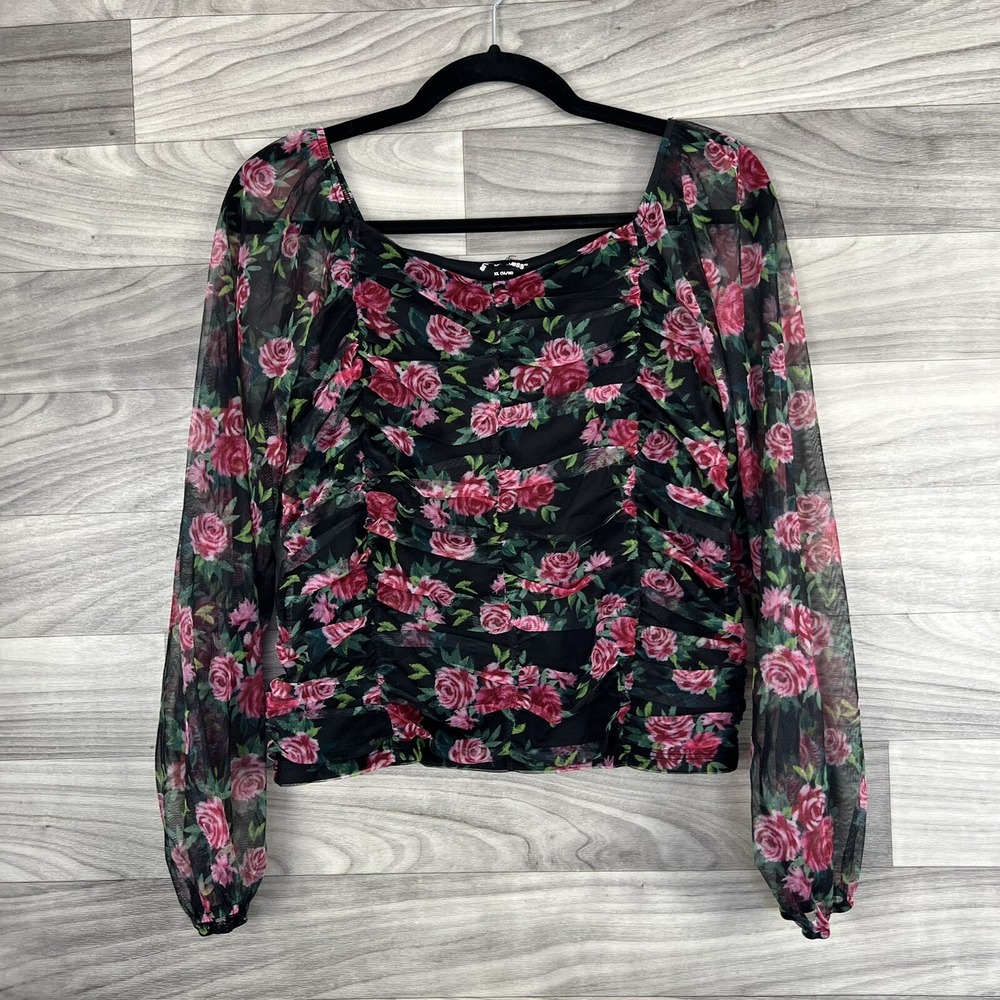Art Class Top Girls XL 14/16 Black Red Rose Print Smocked Sheer Sleeve Chiffon